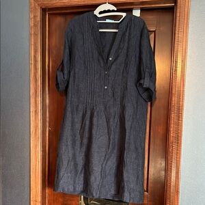 Size L J.McLaughlin Riviera 3/4 Roll-Tab Sleeve Pleated Navy Linen Dress